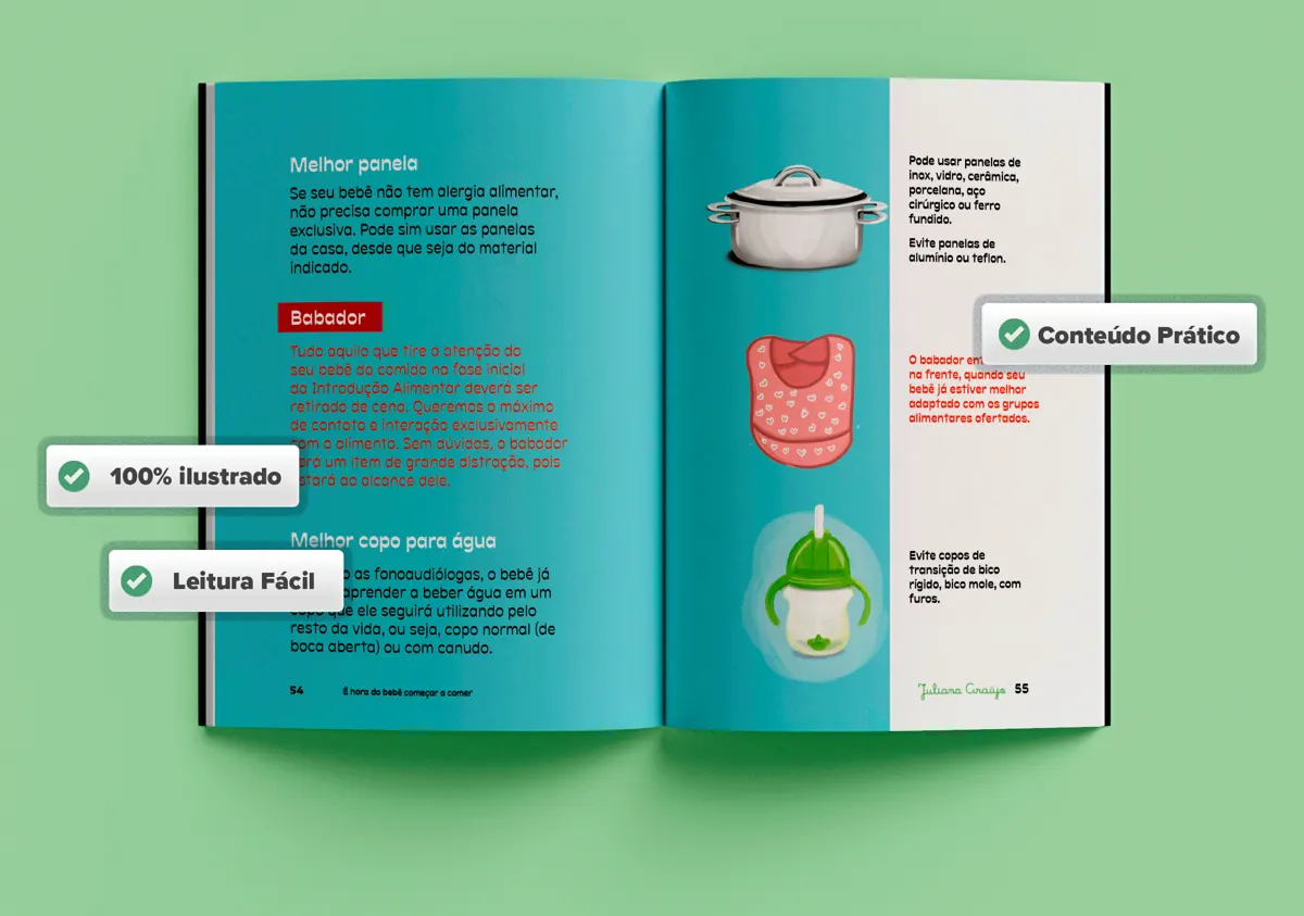 Páginas sobre utensílios: panela, babador e copo